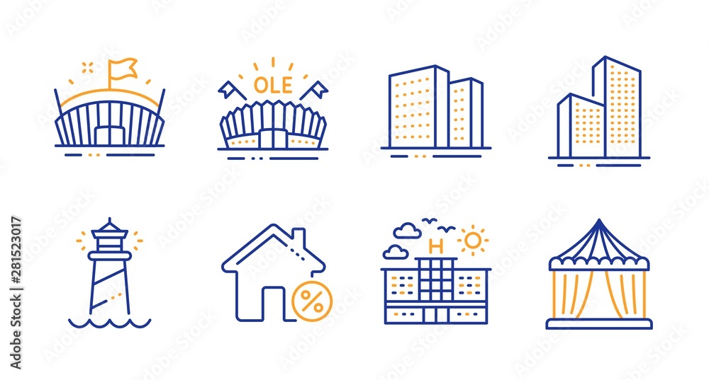 Buildings, Loan house and Sports arena line icons set. Skyscraper buildings, Lighthouse and Hotel signs. Arena, Circus tent symbols. Town apartments, Discount percent. Buildings set. Vector