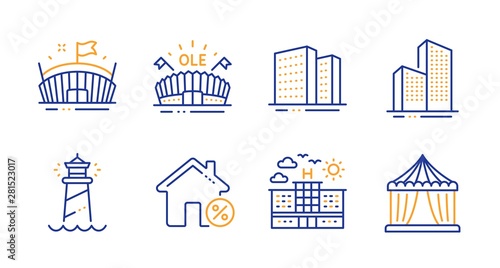 Buildings, Loan house and Sports arena line icons set. Skyscraper buildings, Lighthouse and Hotel signs. Arena, Circus tent symbols. Town apartments, Discount percent. Buildings set. Vector