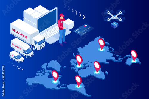 Isometric Logistics and Delivery Infographics. Delivery home and office. City logistics. Warehouse, truck, forklift, courier, drone and delivery man