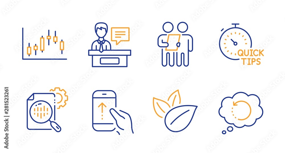 Fototapeta premium Survey, Organic product and Seo stats line icons set. Swipe up, Exhibitors and Candlestick graph signs. Quick tips, Recovery data symbols. Contract, Leaves. Science set. Line survey icon. Vector