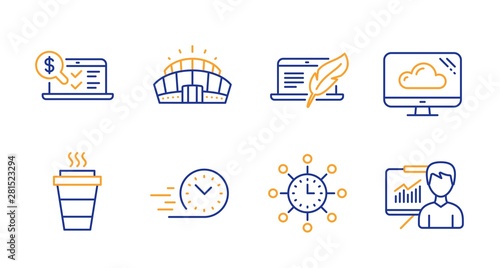 World time, Online accounting and Takeaway line icons set. Cloud storage, Fast delivery and Arena stadium signs. Copyright laptop, Presentation symbols. Measurement device, Web audit. Vector