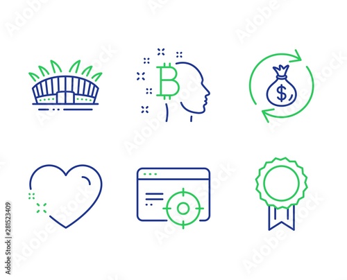 Money exchange, Bitcoin think and Seo targeting line icons set. Arena stadium, Heart and Reward signs. Cash in bag, Cryptocurrency head, Performance. Sport complex. Business set. Vector