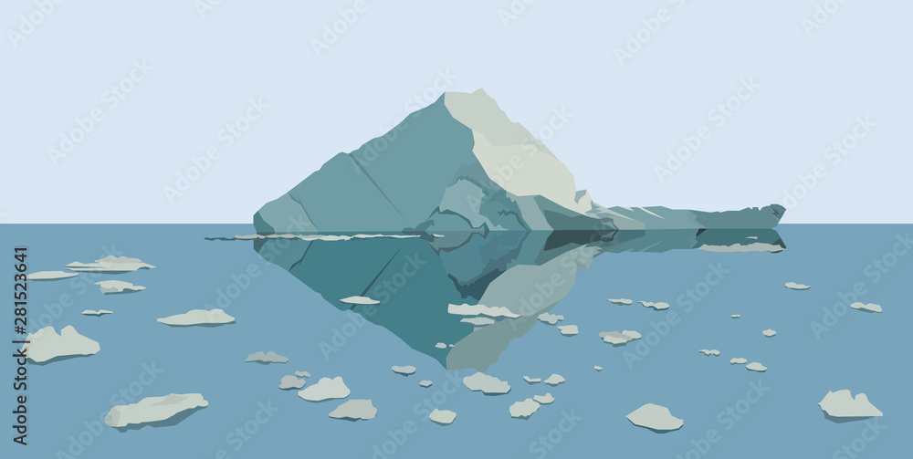 Flat vector illustration of Icebergs in the water. Ocean ice rocks landscape. Climate and environment protection concept.