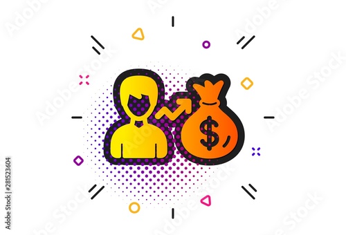 Dollar money bag sign. Halftone circles pattern. Businessman earnings icon. Classic flat sallary icon. Vector