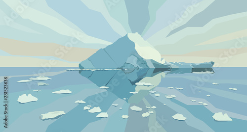 Flat vector illustration of Icebergs in the water. Ocean ice rocks landscape. Climate and environment protection concept.