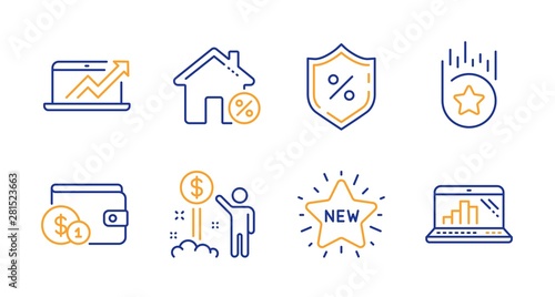 Loan house, Sales diagram and Loan percent line icons set. New star, Buying accessory and Income money signs. Loyalty star, Graph laptop symbols. Discount percent, Sale growth chart. Vector