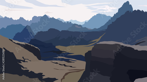 Vector landscape with silhouettes of mountains. Flat mountain landscape. Tourism and traveling.