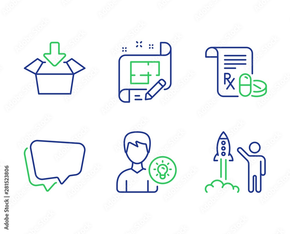 Medical prescription, Get box and Speech bubble line icons set. Architect plan, Person idea and Launch project signs. Medicine drugs, Send package, Chat message. Engineering plan. Vector Medical prescription, Get box and Speech bubble line icons set. Architect plan, Person idea and Launch project signs. Medicine drugs, Send package, Chat message. Engineering plan. Vector