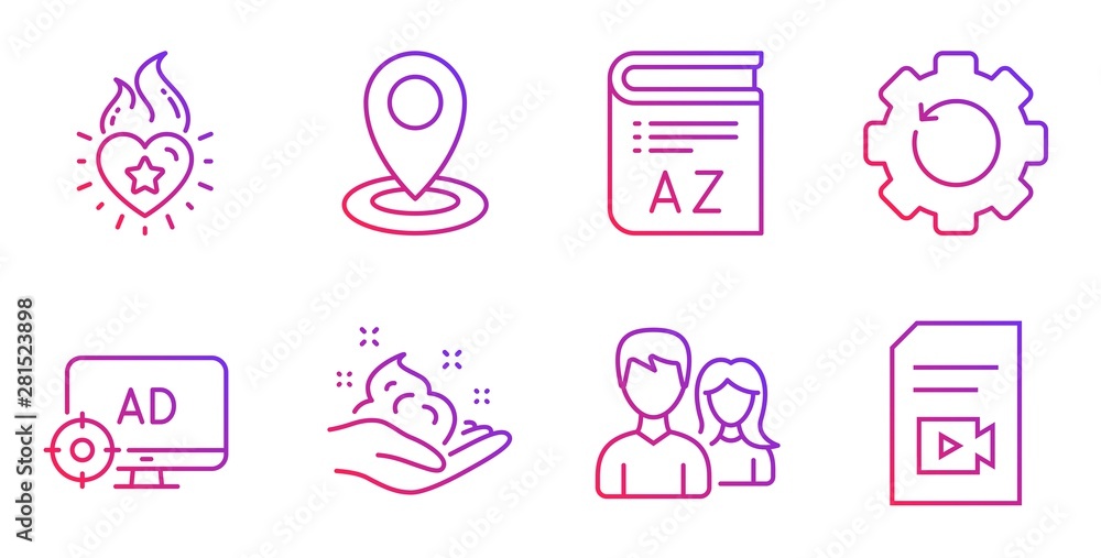 Heart flame, Recovery gear and Location line icons set. Skin care, Vocabulary and Couple signs. Seo adblock, Video file symbols. Love fire, Backup info. Gradient heart flame icon. Vector Heart flame, Recovery gear and Location line icons set. Skin care, Vocabulary and Couple signs. Seo adblock, Video file symbols. Love fire, Backup info. Gradient heart flame icon. Vector