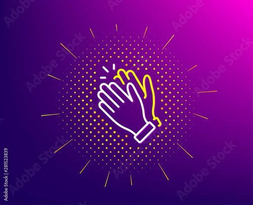 Clapping hands line icon. Halftone pattern. Clap sign. Victory gesture symbol. Gradient background. Clapping hands line icon. Yellow halftone pattern. Vector