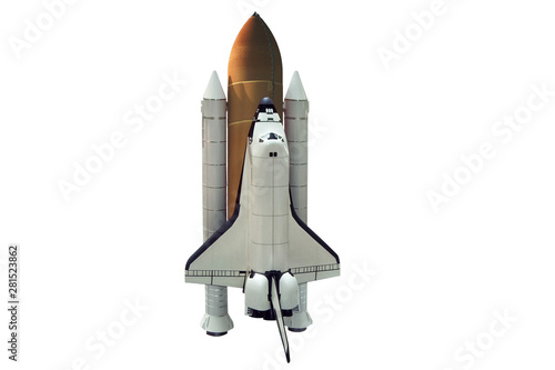 A shuttle spaceship taking off on white background. Isolated.