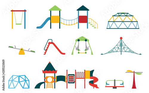 Kid playground equipment flat icons. Vector icon set with different types of elements on the playground. photo