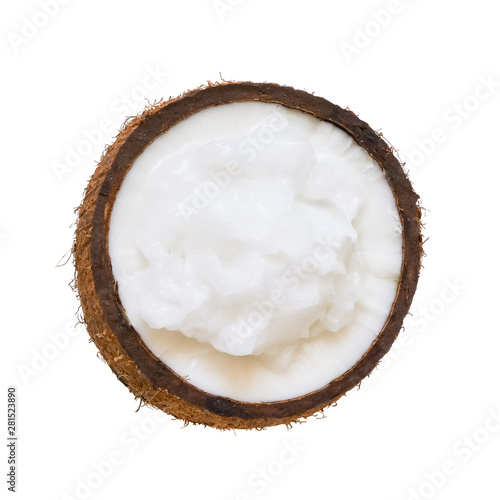 Fresh coconut oil in half of nut on white background