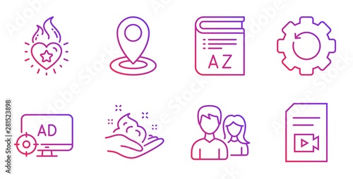 Heart flame, Recovery gear and Location line icons set. Skin care, Vocabulary and Couple signs. Seo adblock, Video file symbols. Love fire, Backup info. Gradient heart flame icon. Vector