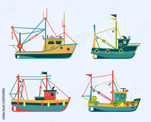 Flat colorful fishing boats. Seafood boats illustration. Set of different types of marine fishery boats.