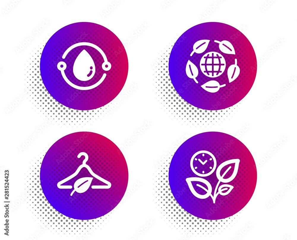 Slow fashion, Eco organic and Cold-pressed oil icons simple set. Halftone dots button. Leaves sign. Eco tested, Bio ingredients, Organic tested. Grow plant. Nature set. Vector