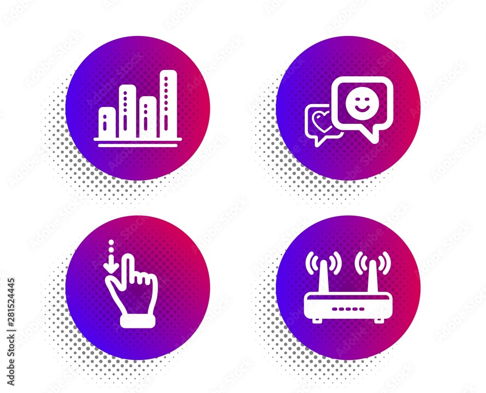 Graph chart, Smile and Touchscreen gesture icons simple set. Halftone dots button. Wifi sign. Growth report, Socila media, Slide down. Internet router. Technology set. Vector Graph chart, Smile and Touchscreen gesture icons simple set. Halftone dots button. Wifi sign. Growth report, Socila media, Slide down. Internet router. Technology set. Vector
