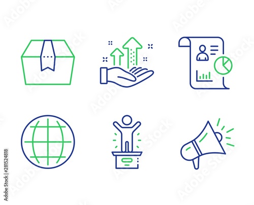 Package box, Globe and Analysis graph line icons set. Winner podium, Report and Megaphone signs. Delivery goods, Internet world, Targeting chart. First place. Business set. Vector