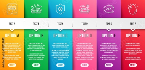 Winner ticket, Sports arena and Car parking line icons set. Infographic timeline. 24h service, Clean skin and Vitamin e signs. Carousels award, Event stadium, Transport place. Call support. Vector