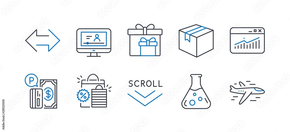 Set of Business icons, such as Chemistry lab, Website statistics, Shopping bags, Scroll down, Delivery boxes, Parcel, Sync, Online video, Parking payment, Airplane line icons. Vector Set of Business icons, such as Chemistry lab, Website statistics, Shopping bags, Scroll down, Delivery boxes, Parcel, Sync, Online video, Parking payment, Airplane line icons. Vector
