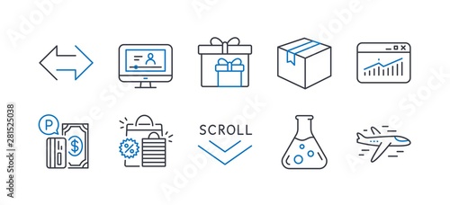 Wallpaper Mural Set of Business icons, such as Chemistry lab, Website statistics, Shopping bags, Scroll down, Delivery boxes, Parcel, Sync, Online video, Parking payment, Airplane line icons. Vector Torontodigital.ca