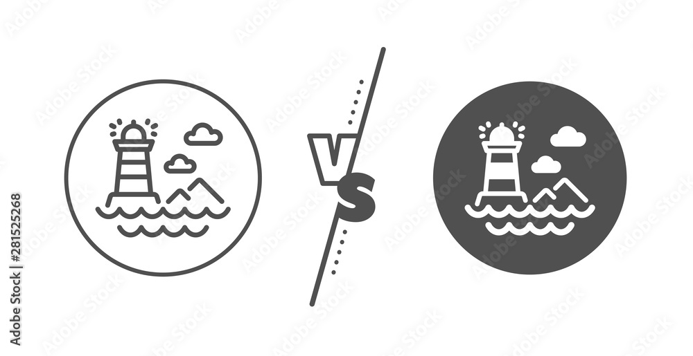Beacon tower sign. Versus concept. Lighthouse line icon. Searchlight building symbol. Line vs classic lighthouse icon. Vector