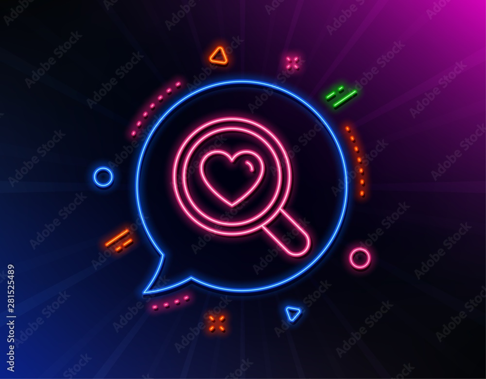 Love dating line icon. Neon laser lights. Search relationships sign. Valentines day symbol. Glow laser speech bubble. Neon lights chat bubble. Banner badge with search love icon. Vector Love dating line icon. Neon laser lights. Search relationships sign. Valentines day symbol. Glow laser speech bubble. Neon lights chat bubble. Banner badge with search love icon. Vector