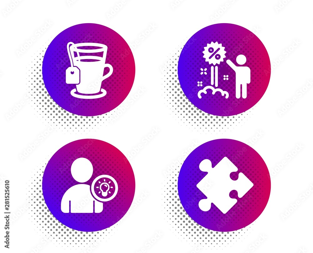 Tea, User idea and Discount icons simple set. Halftone dots button. Strategy sign. Glass mug, Light bulb, Sale shopping. Puzzle. Business set. Classic flat tea icon. Vector Tea, User idea and Discount icons simple set. Halftone dots button. Strategy sign. Glass mug, Light bulb, Sale shopping. Puzzle. Business set. Classic flat tea icon. Vector