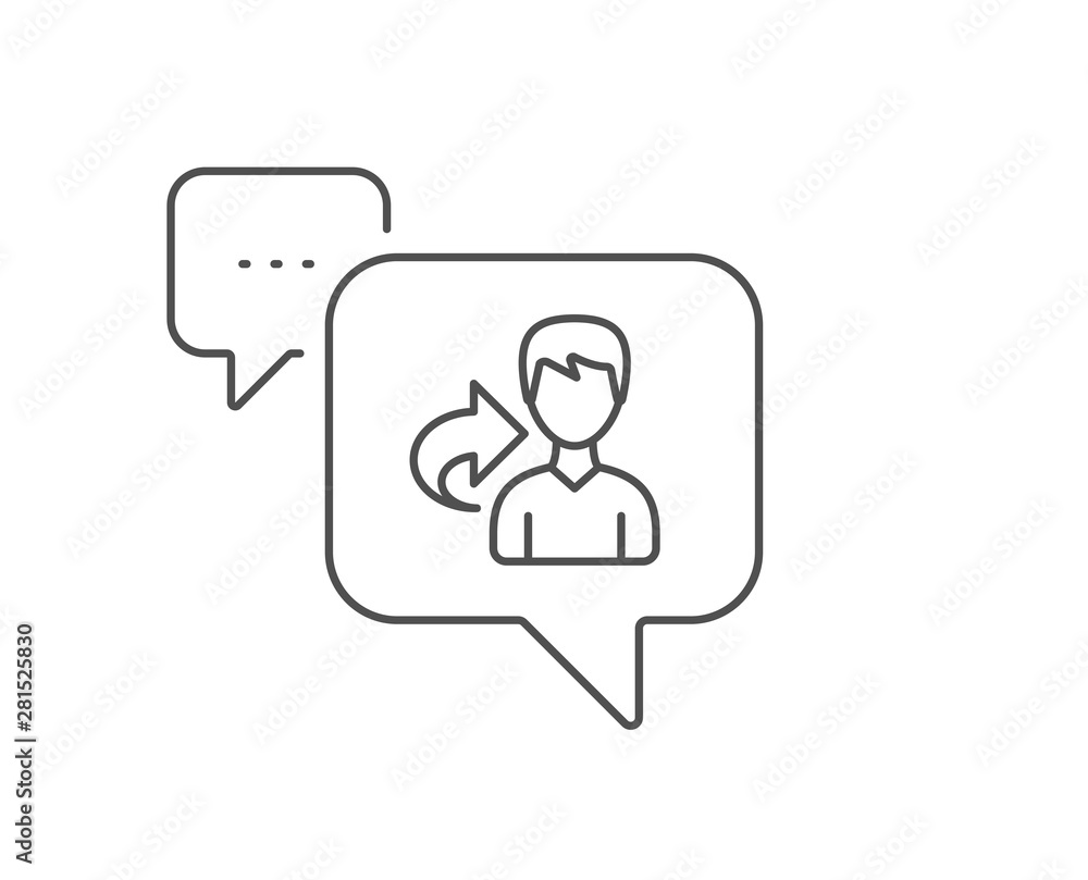 Share refer line icon. Chat bubble design. User or businessman person sign. Male silhouette symbol. Outline concept. Thin line share icon. Vector Share refer line icon. Chat bubble design. User or businessman person sign. Male silhouette symbol. Outline concept. Thin line share icon. Vector