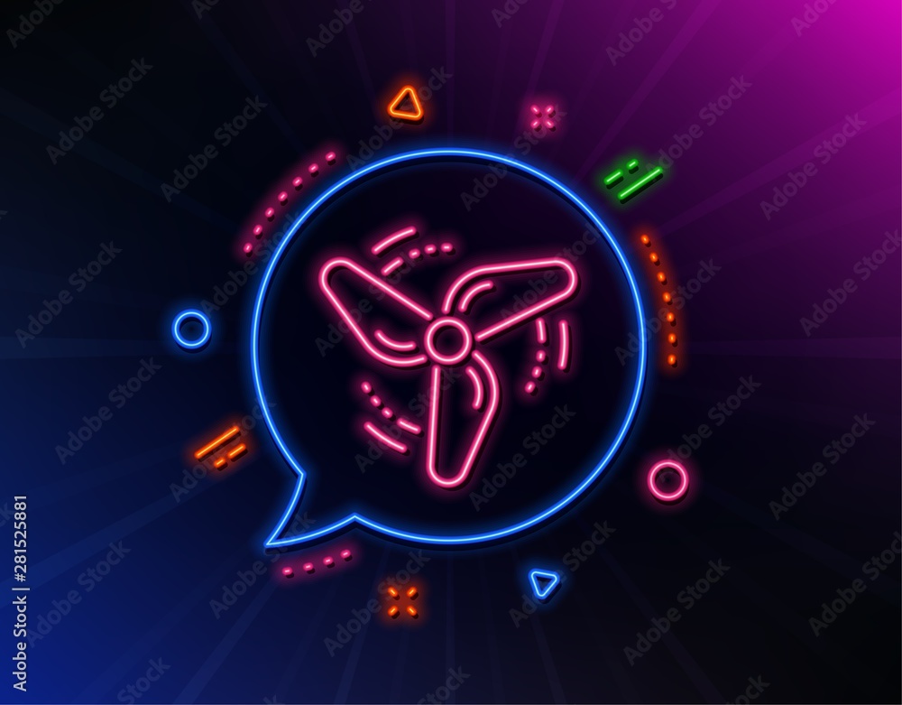 Wind energy line icon. Neon laser lights. Fan engine, jet turbine sign.  Ventilator symbol. Glow laser speech bubble. Neon lights chat bubble.  Banner badge with wind energy icon. Vector Stock Vector