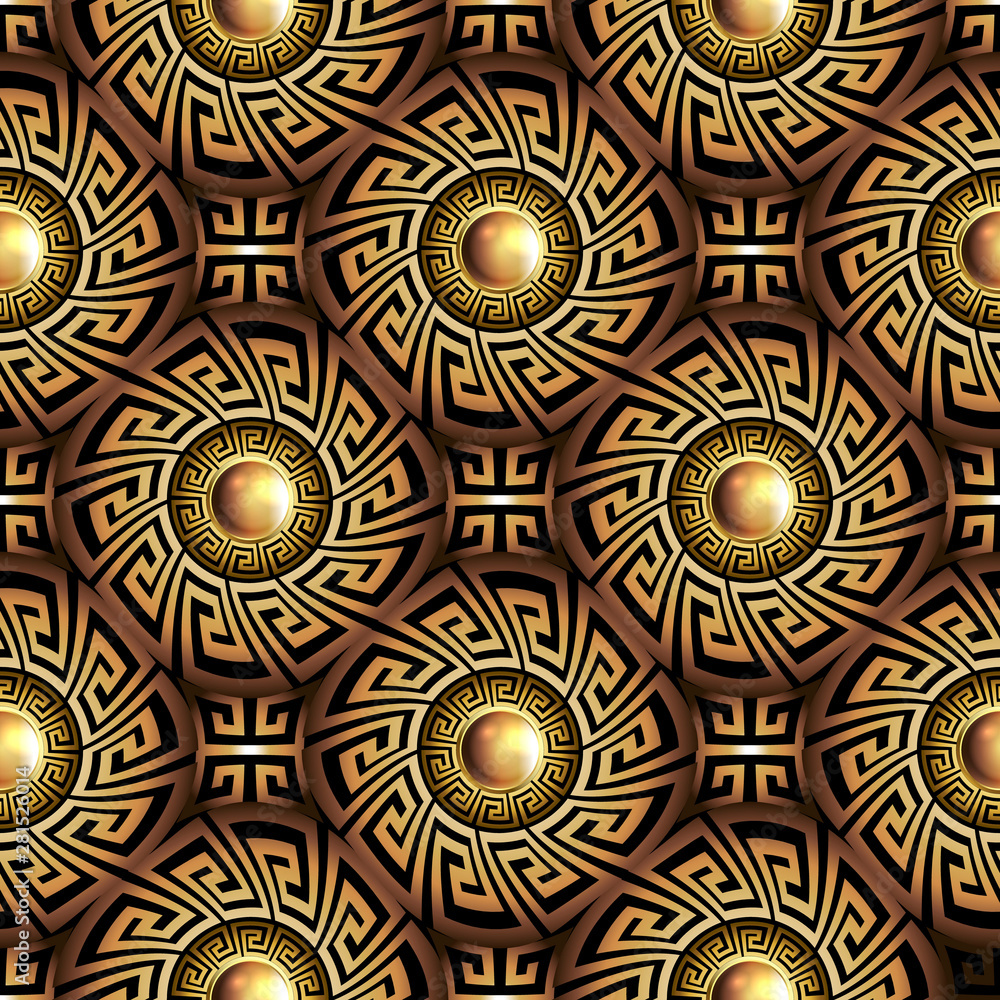3d Greek key meander gold seamless pattern. Vector abstract geometric background. Vintage ancient greek ornamental frames with circles, mandalas. Surface texture. Jewelry ornament. Luxury 3d wallpaper