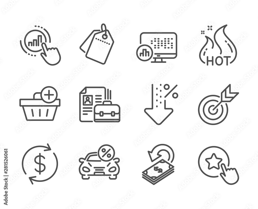 Set of Finance icons, such as Target, Cashback, Low percent, Vacancy, Car leasing, Sale tags, Add purchase, Usd exchange, Loyalty star, Hot sale, Graph chart, Report statistics line icons. Vector Set of Finance icons, such as Target, Cashback, Low percent, Vacancy, Car leasing, Sale tags, Add purchase, Usd exchange, Loyalty star, Hot sale, Graph chart, Report statistics line icons. Vector