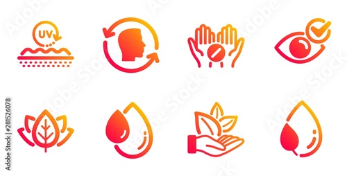 Oil drop, Check eye and Organic tested line icons set. Face id, Medical tablet and Organic product signs. Uv protection, Leaf dew symbols. Serum, Vision. Healthcare set. Vector