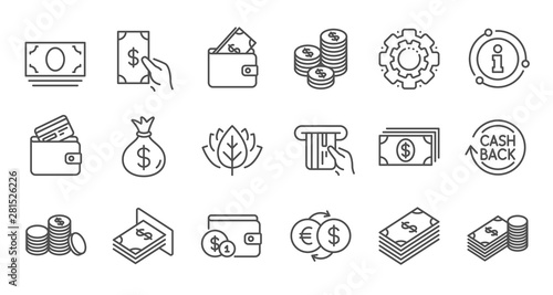 Fototapeta Naklejka Na Ścianę i Meble -  Money and payment line icons. Cash, Wallet and Coins. Account cashback linear icon set. Quality line set. Vector