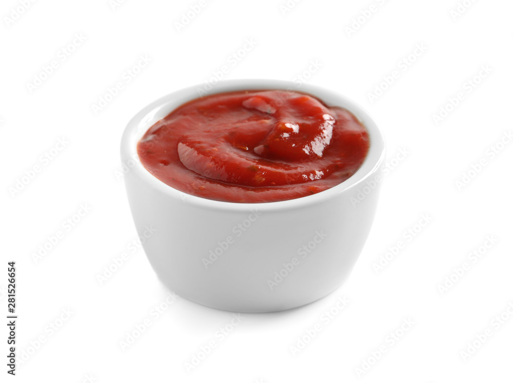Delicious tomato sauce in bowl on white background Delicious tomato sauce in bowl on white background