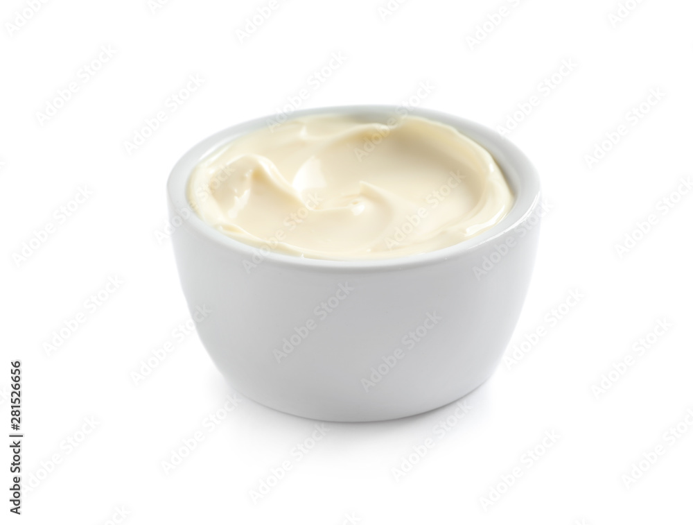 Delicious mayonnaise sauce in bowl on white background Delicious mayonnaise sauce in bowl on white background