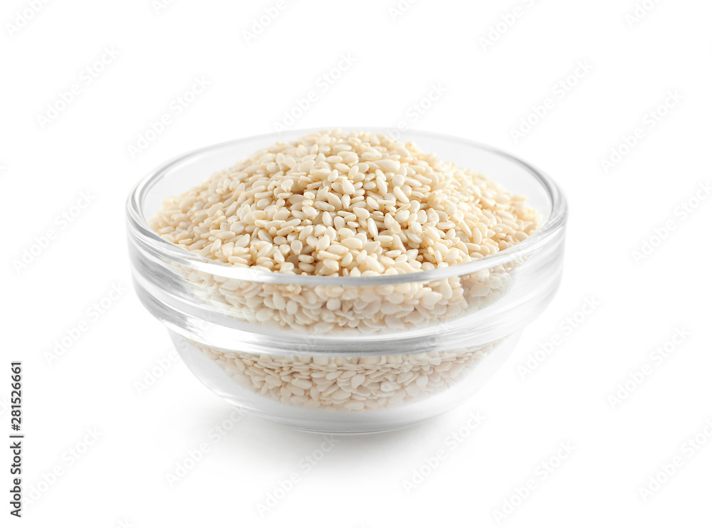 Sesame seeds in bowl on white background. Delicious sauce condiment Sesame seeds in bowl on white background. Delicious sauce condiment