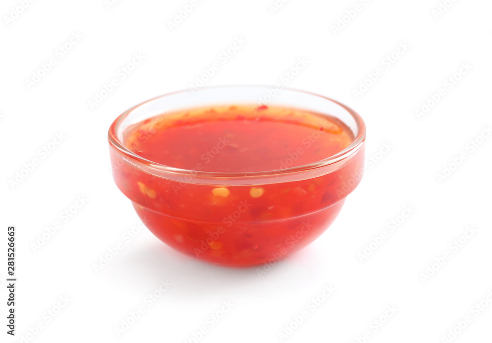 Delicious sweet chili sauce in bowl on white background Delicious sweet chili sauce in bowl on white background