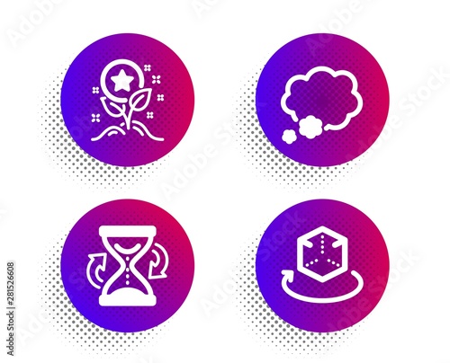 Loyalty points, Talk bubble and Hourglass icons simple set. Halftone dots button. Augmented reality sign. Bonus grows, Chat message, Sand watch. Virtual reality. Business set. Vector