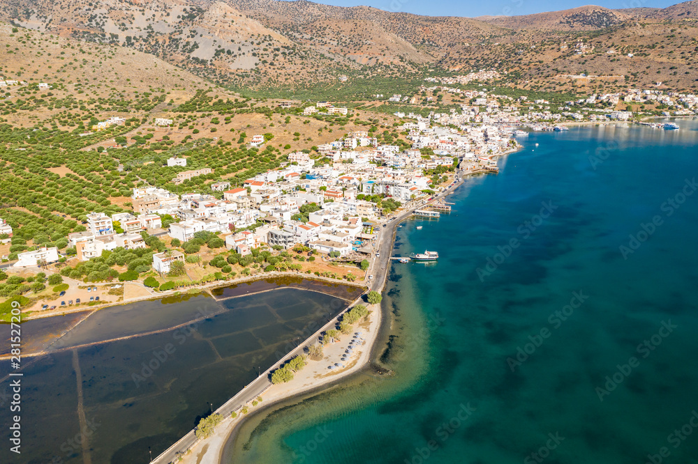 Aerial drone view of the town of Elounda on the Greek island of Crete in the middle of summer