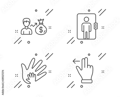 Social responsibility, Sallary and Elevator line icons set. Touchscreen gesture sign. Hand, Person earnings, Office transportation. Slide left. People set. Vector