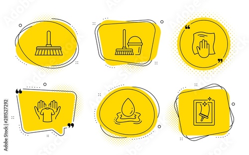 Hold t-shirt, Bucket with mop and Window cleaning signs. Chat bubbles. Cleaning mop, Water splash and Washing cloth line icons set. Sweep a floor, Aqua drop, Wipe with a rag. Laundry shirt. Vector