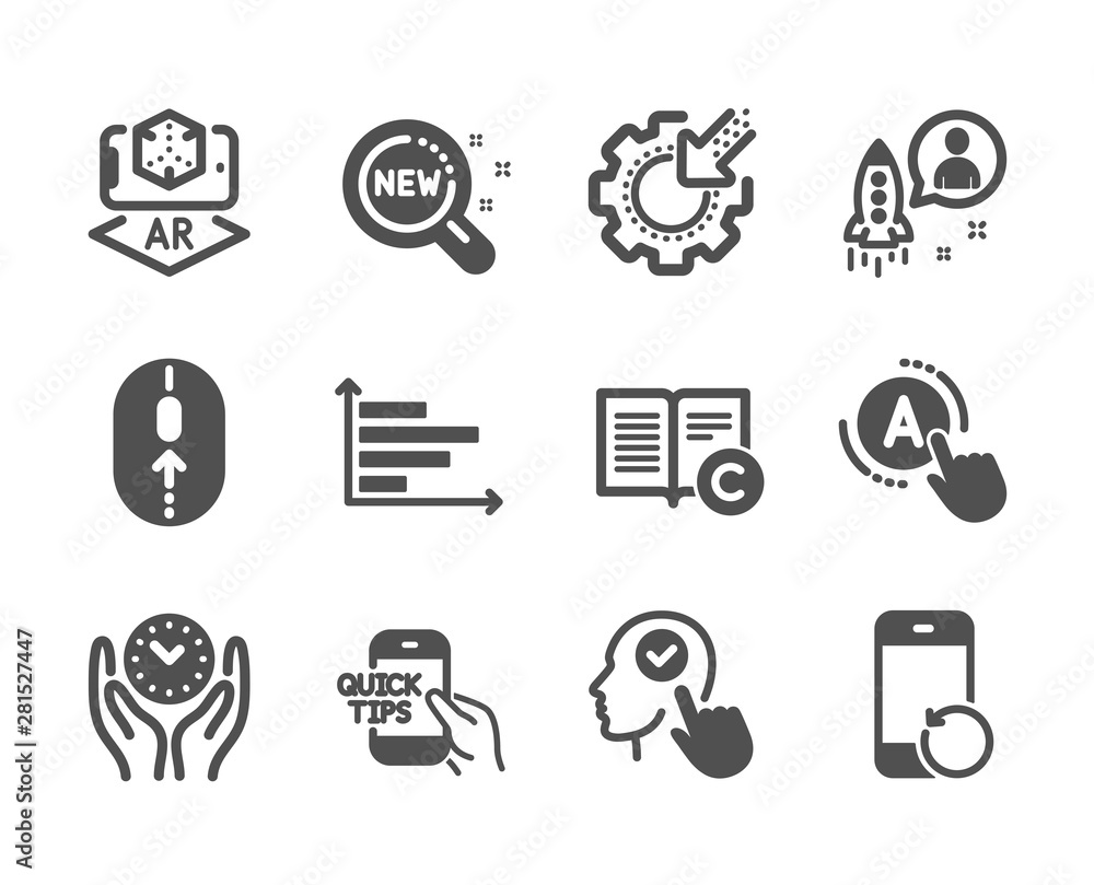 Set of Science icons, such as Horizontal chart, Education, Safe time, Recovery phone, Copyright, New products, Startup, Seo gear, Swipe up, Select user, Ab testing, Augmented reality. Vector Set of Science icons, such as Horizontal chart, Education, Safe time, Recovery phone, Copyright, New products, Startup, Seo gear, Swipe up, Select user, Ab testing, Augmented reality. Vector