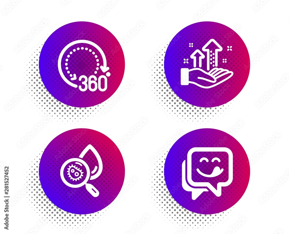 Analysis graph, 360 degrees and Water analysis icons simple set. Halftone dots button. Yummy smile sign. Targeting chart, Panoramic view, Aqua bacteria. Emoticon. Technology set. Vector Analysis graph, 360 degrees and Water analysis icons simple set. Halftone dots button. Yummy smile sign. Targeting chart, Panoramic view, Aqua bacteria. Emoticon. Technology set. Vector