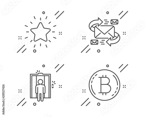 E-mail, Elevator and Rank star line icons set. Bitcoin sign. Communication by letters, Lift, Best result. Cryptocurrency coin. Business set. Line e-mail outline icon. Vector