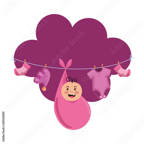 baby shower card with little newborn hanging in wire and clothes