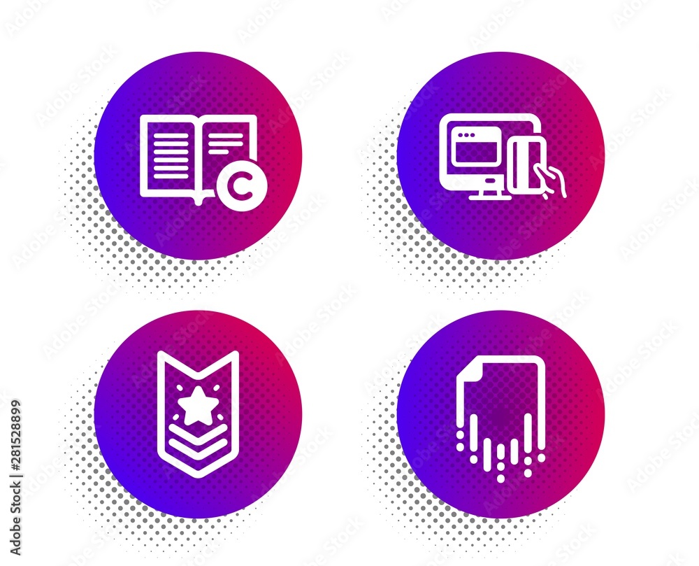 Shoulder strap, Online payment and Copyright icons simple set. Halftone dots button. Recovery file sign. Star rank, Money, Copywriting book. Backup document. Business set. Vector Shoulder strap, Online payment and Copyright icons simple set. Halftone dots button. Recovery file sign. Star rank, Money, Copywriting book. Backup document. Business set. Vector