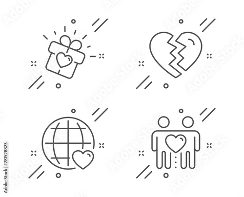 International love, Break up and Love gift line icons set. Friends couple sign. Internet dating, Divorce, Heart present. Friendship. Love set. Line international love outline icon. Vector