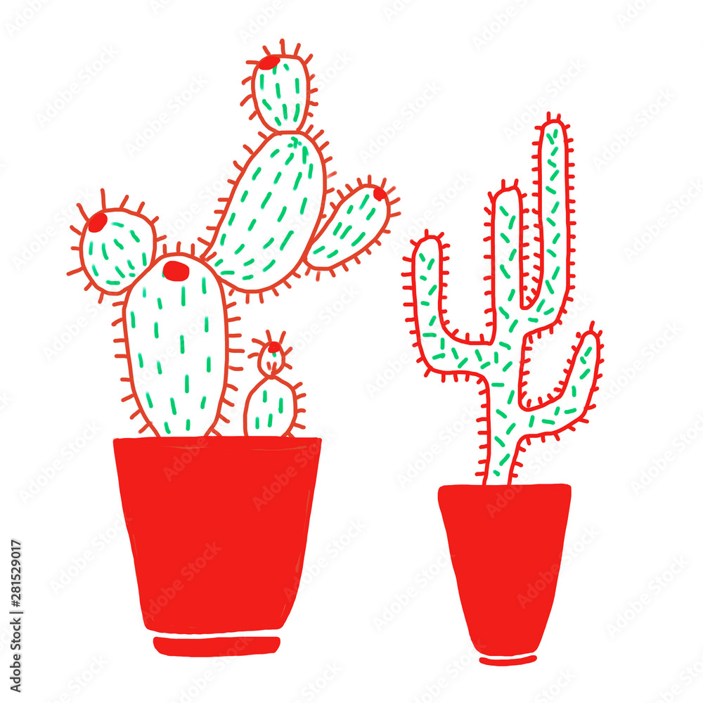 Hand drawn cacti with red pots on white background in minimalistic scandinavian style. Perfect for fabric, textile, print, banner. Hand drawn cacti with red pots on white background in minimalistic scandinavian style. Perfect for fabric, textile, print, banner.