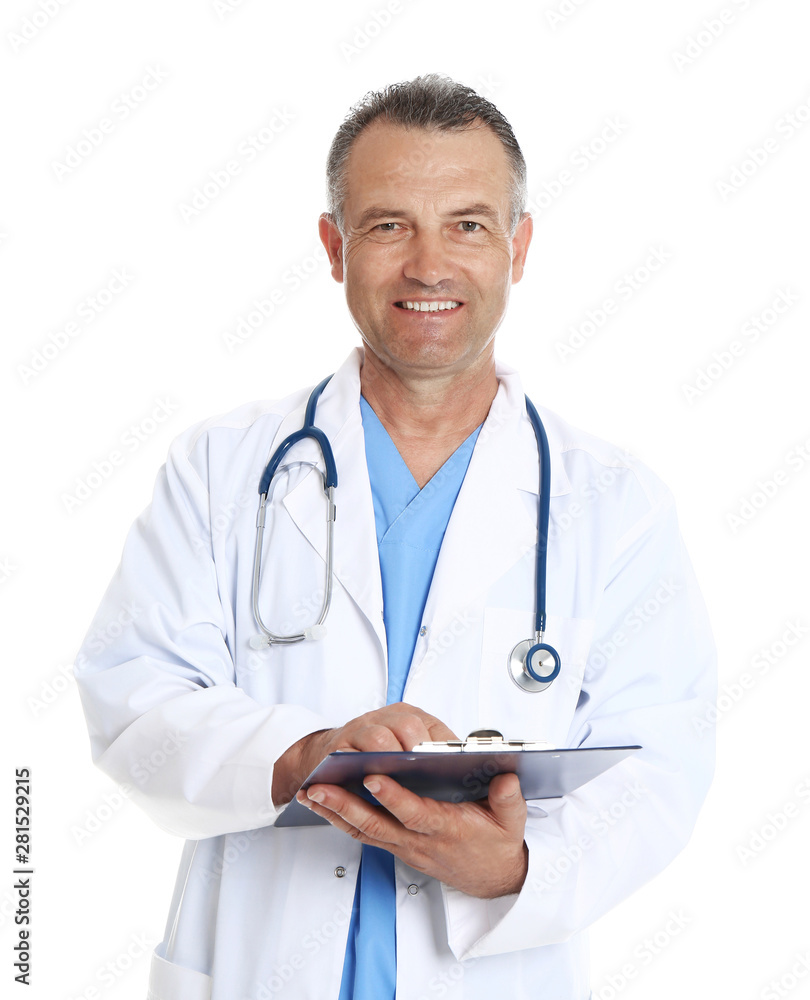 Portrait of experienced doctor in uniform on white background. Medical service Portrait of experienced doctor in uniform on white background. Medical service